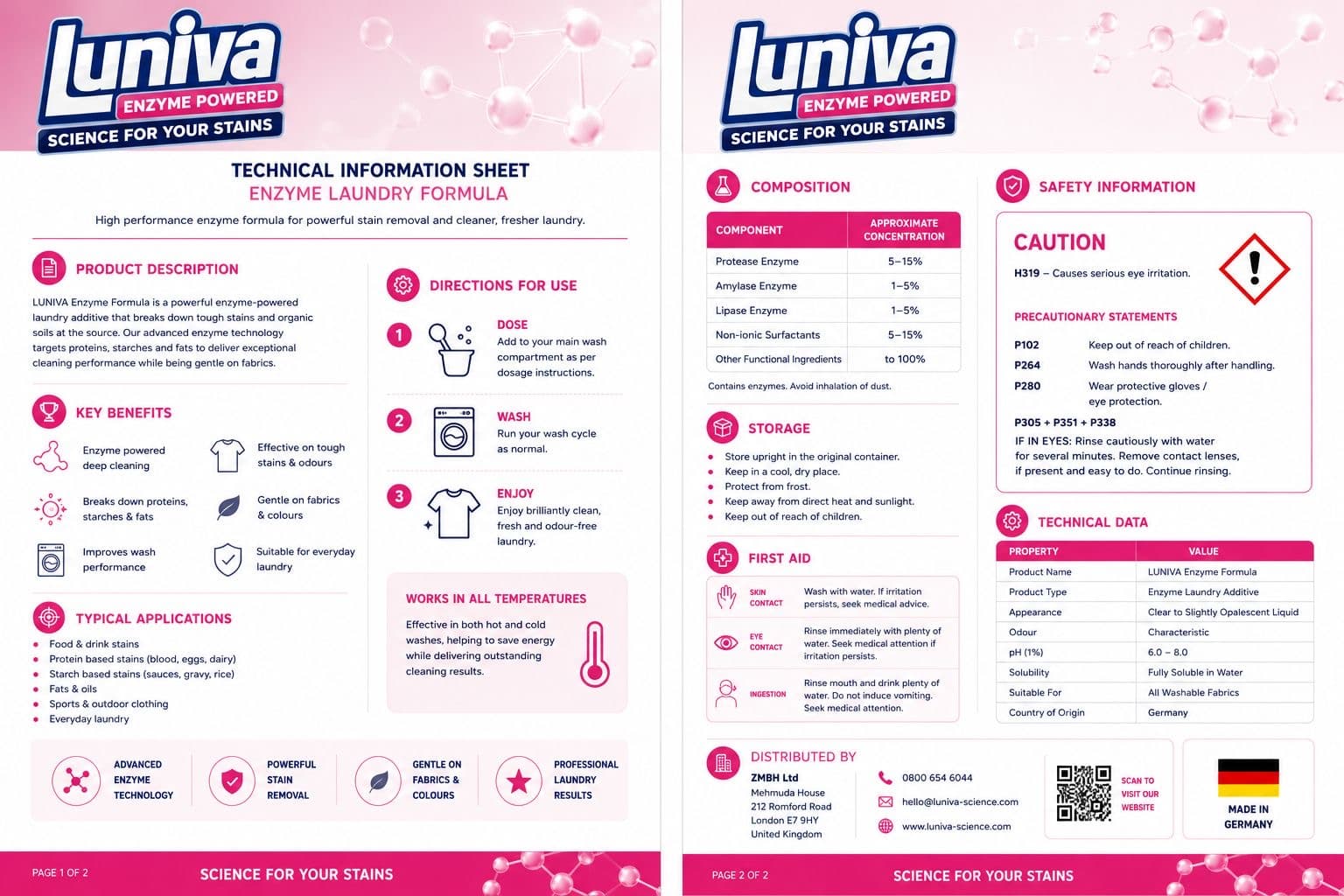 Luniva Enzyme Powered technical information sheet showing composition, directions, storage, first aid and safety information.