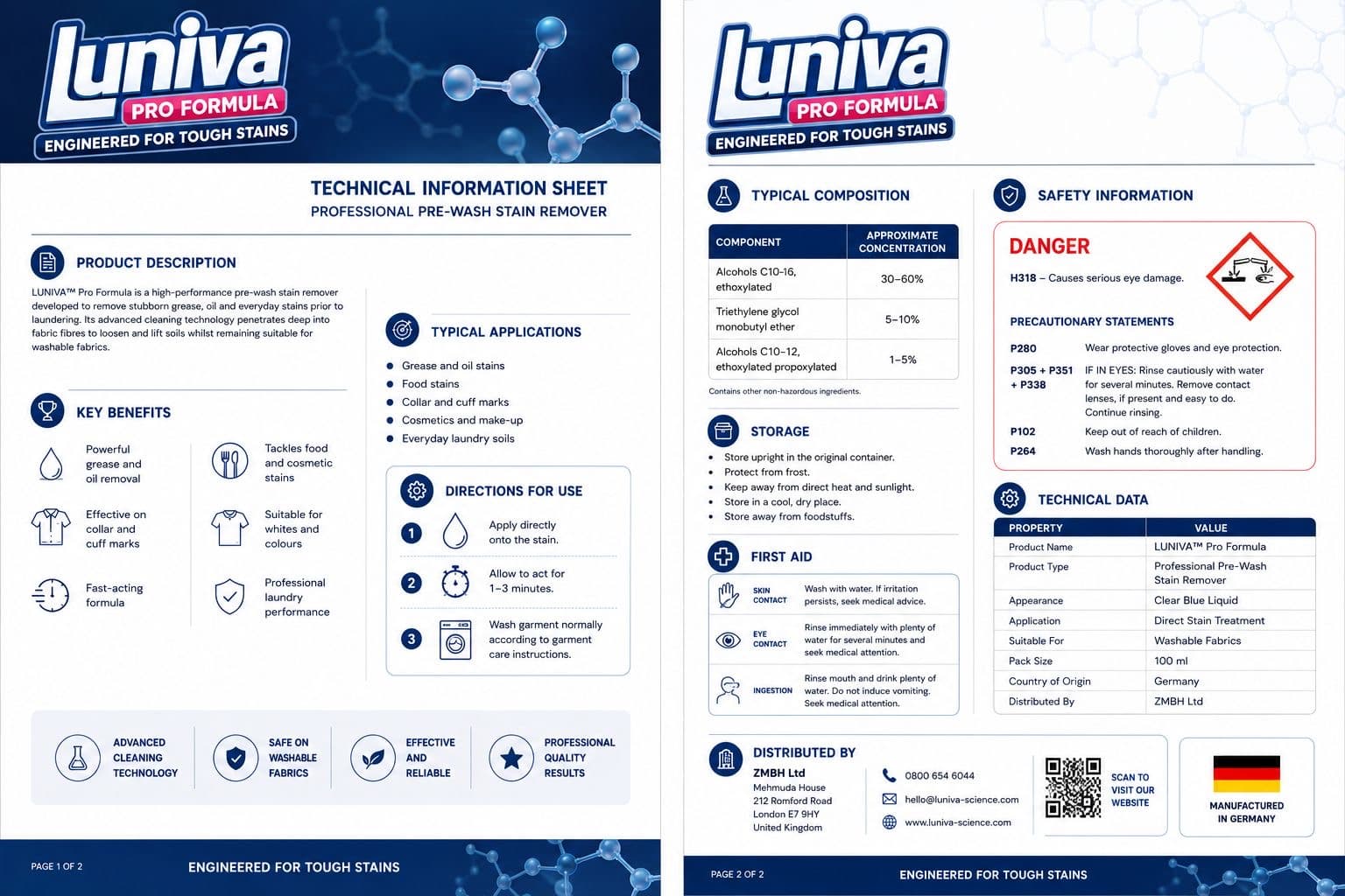 Luniva Pro Formula technical information sheet showing composition, directions, storage, first aid and safety information.